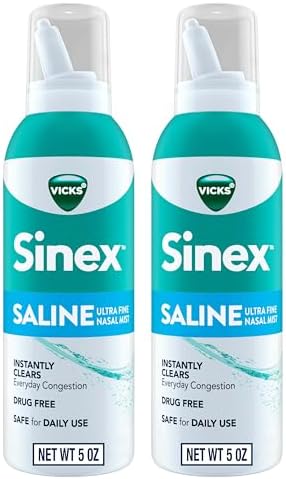 Vicks Sinex SALINE Nasal Spray, Drug Free Ultra Fine Mist, Clear Everyday Sinus Congestion Fast, Clear Mucus from a Cold or Allergy, Daily Use 5.0 fl oz x 2
