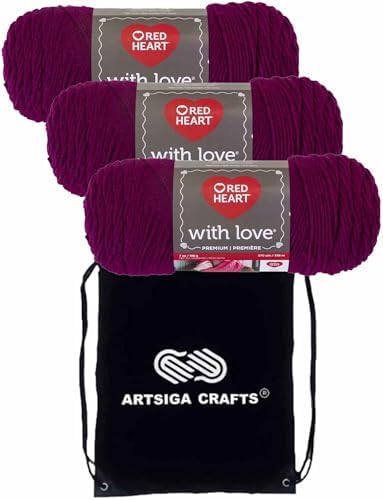 Red Heart with Love Boysenberry E400-1907 (3-Skeins - Same Dye Lot) Worsted Medium #4 Acrylic Yarn for Crocheting and Knitting with Project Bag