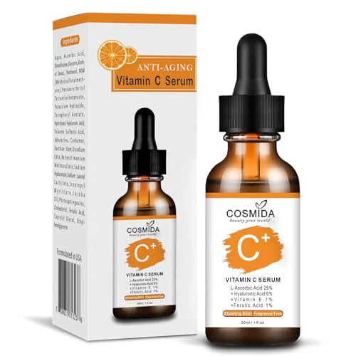 Cosmida Vitamin C Serum for face with Hyaluronic Acid, Collagen Anti Aging Serum for Glow,Dark Spots,Acne,Wrinkle & Fine Lines,Korean Skincare Brightening Serum with Ferulic Acid Fragrance free 1fl.oz