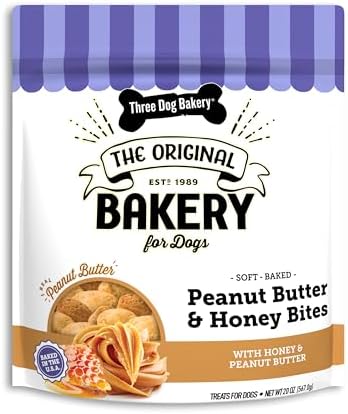 Three Dog Bakery Peanut Butter & Honey Bites - Dog Treats, Dog & Puppy Training Treats, Dog Biscuits, Mess-Free Snacks for Dogs, Human-Inspired Dog Treats
