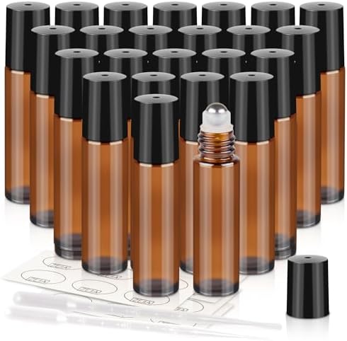ZEJIA 10ml roller bottles for essential oils, 24 Pack Roll on Bottles, Amber Thick Glass Roller Bottles for Oils, with Stainless Steel Roller Balls, 2 Droppers