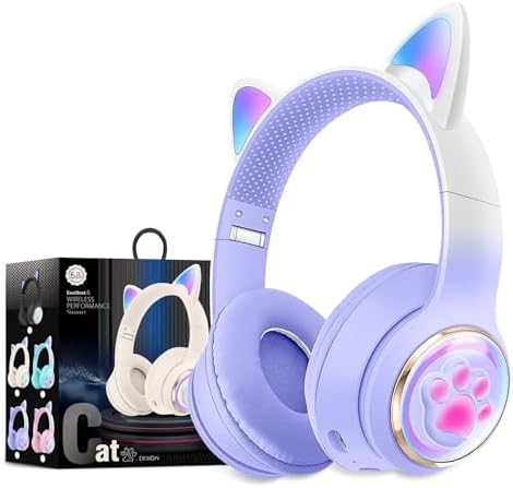 Bluetooth Noise Cancelling Headphones for Kids,Foldable Cat Headphones with LED Light Up Ear,Cat Ear Headphones for Toddler with Microphone/TF Card,Kids Bluetooth Headphones for ipad