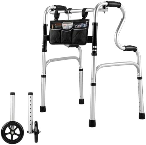 Foldable Walkers for Seniors - Aluminum Stepped Handrail Walker, Height Adjustable Walkers for Seniors, Lightweight Folding Walkers, 2 Wheels with Bearings Available as an Option, Silver