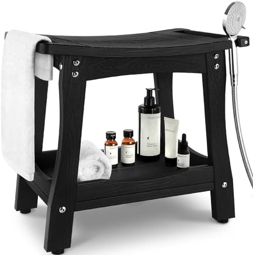 Y&M 2-Tier Bathroom Shower Bench with Waterproof Storage Shelf, HDPE Towel & Shower Head Shelves Curved Seat, Small Tub Chair for Shaving Legs Foot Stool, Bath, Spa, Indoor or Outdoor Use, Black