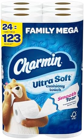 Charmin Ultra Soft Cushiony Touch Toilet Paper, 24 Family Mega Rolls = 123 Regular Rolls