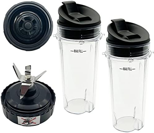 Blender 5-Fins Blade & 2 16oz Single Serve Cups with Lids Replacement Parts for Ninja, Base Extractor Blade for Nutri Ninja Blender 700 Watts QB3000, QB3000SS, QB3000SSW, QB3001SS 30, QB3004, QB3005