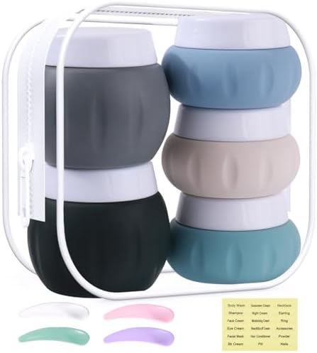 Travel Containers for Toiletries, GLAMFIELDS TSA Approved 2Pcs 1.7oz+3Pcs 1oz Travel Size Silicone Jars BPA Free, Leak-proof Travel Essentials with Lid for Cosmetic Face Hand Body Cream Grey (5Pack)