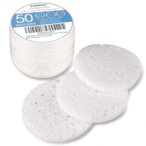 50-Count Compressed Facial Sponges, GAINWELL White Cellulose 100% Natural Cosmetic Spa Sponges for Facial Cleansing, Exfoliating Mask, Makeup Removal