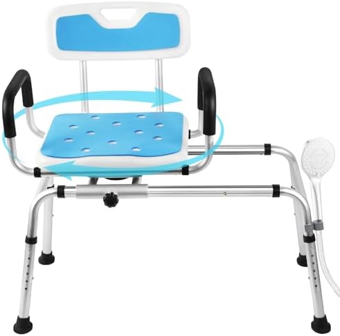 Sliding Shower Chair Tub Transfer Bench with Swivel Seat-Adjustable Height, Padded Armrests & Non-Slip Feet - Shower Chair for Inside Tub, Ideal for Seniors & Disabled