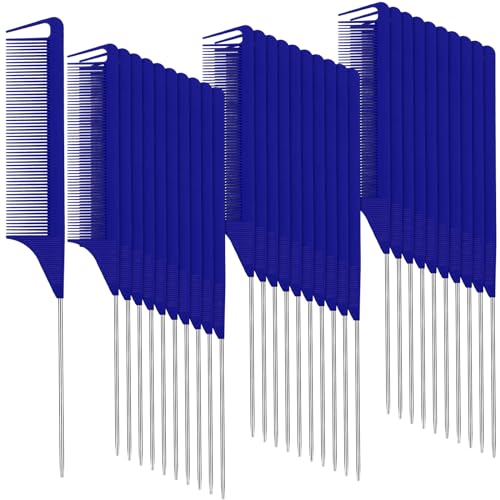 Patelai 30 Pieces Parting Comb for Braids Steel Hair Pin Rat Tail Carbon Fiber Heat Resistant Teasing Combs with Stainless Steel Pintail(Navy Blue)