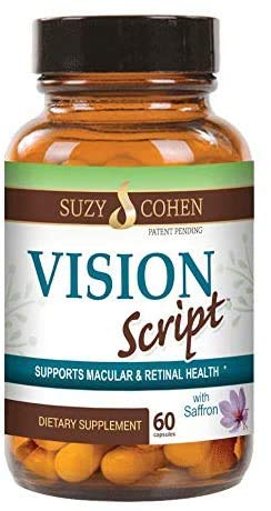 Vision Script with Saffron for Macular, and Retinal Eye Health - Each Capsule Contains Saffron, Black Currant, Lutein, Zeaxanthin, Vitamin C and E, and Zinc Glycinate.
