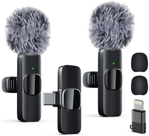 Wireless Microphone for iPhone, iPad, Android, Lavalier Microphone for Video Recording - 2 Pack iPhone Mic Crystal Clear Recording for Podcast Microphone, ASMR, TikTok