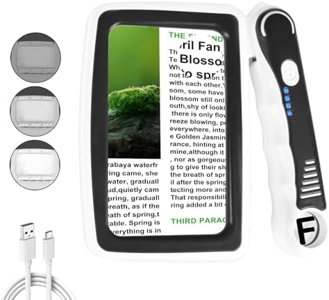 Rechargeable Magnifying Glass with Light, 5X 10X 45X Large Page Magnifier with 20 LED Lights, Folding Handheld Dimmable Magnifier for Seniors Reading Books and Small Print（Black & White）