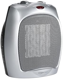 Amazon Basics Ceramic Space Heater, Portable Heater for Indoor Use, for Office and Home, With Overheat and Tip-Over Protection, Thermostat, Non-Oscillating, 1500W, Silver, 7.52"D x 6.34"W x 9.45"H