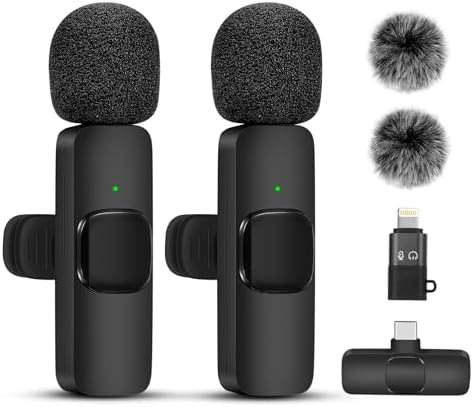 Wireless Lavalier Microphone, Professional Recording Wireless Microphone for iPhone, IPhone15, Android, IPad, 2-Pack Lavalier Microphones for Recording Interviews Videos Podcasts-Black