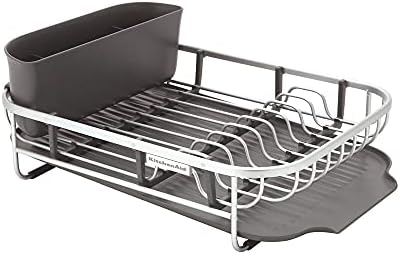 KitchenAid Compact Space Saving Aluminum Rust Resistant Dish Rack, with Angled Self Draining Drainboard and Removable Flatware Caddy, 17-Inch, Charcoal
