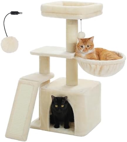 PETEPELA Small Cat Tree for Indoor Cats, 32'' Cute Cat Tower Cat Condo with Sisal Scratching Ramp, Cozy Hammock and Removable Top Bed Perch for Kittens, Beige