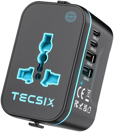 Universal Travel Adapter Worldwide, TECSIX European Travel Plug Adapter with 2 USB C, 2 USB A and Multi AC Outlets, International Power Adaptor for EU US UK AUS 200+ Countries Type A C G I