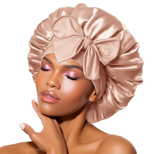 BONNET QUEEN Satin Bonnet Silk Bonnet for Sleeping Women Hair Bonnet Night Sleep Cap Scarf wrap for Curly Hair with tie Band Champagne