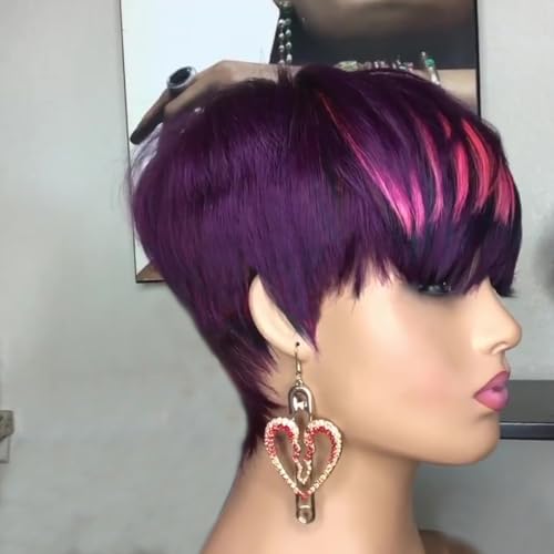 PangDongLai 10A Pixie Cut Wigs for Black Women Purple/pink Color Short Layered Pixie Haircut Wigs With Bangs Brazilian Virgin Human Hair Wigs for Women Glueless Full Machine Made Wigs