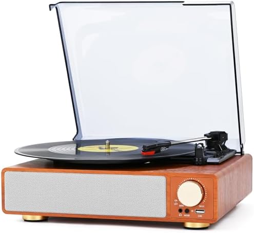 Vinyl Record Player Turntable,Built-in Bluetooth & 2 Stereo Speakers,Record Player 3 Speed 3 Size Turntables for Vinyl Records,Headphone,Auto Stop,RCA Line (Yellow)