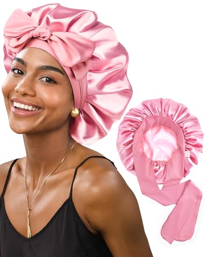Yanibest Satin Bonnet Silk Bonnet for Sleeping Double Layer Ajustable Satin bonnet for Women Men for Curly Natural Hair with Tie Band