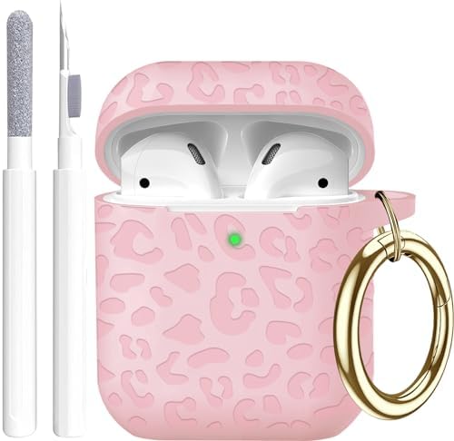 Compatible with Airpods Case Leopard Engraved Skin Cover Compatible with Airpods 2nd/1st Charging Case,Cute Soft Silicone Full Protective, Front LED Visible, Pink