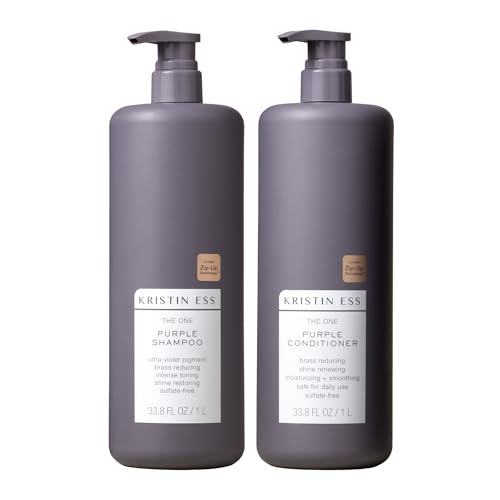 Kristin Ess Hair Purple Shampoo and Conditioner Set for Blonde, Brunette, Silver + Gray Hair, Anti Brass + Yellow Tones, Safe for Color Treated Hair, Sulfate Free Toning Shampoo Conditioner - 1 Liter