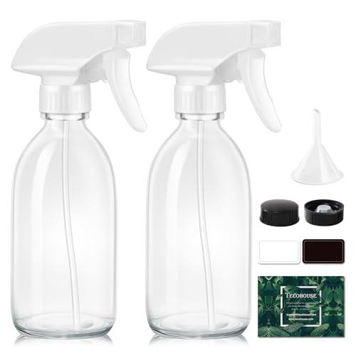 Glass Spray Bottle 8 oz, Clear Small Empty Refillable Sprayer Container with Labels, Funnel, Lids, Graduated Pipettes - Handheld Size