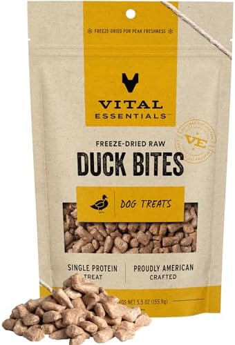 Vital Essentials Freeze Dried Raw Whole Animal Dog Treats, Duck Bites, 5.5 oz | Premium Quality High Protein Training Treats | Grain Free, Gluten Free, Filler Free