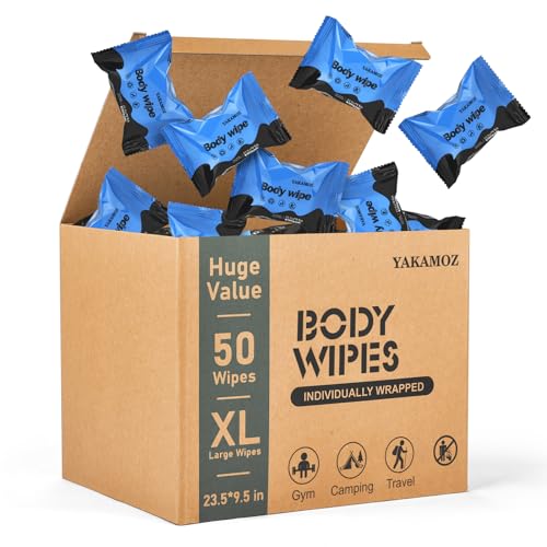YAKAMOZ Large Body Wipes for Adults Bathing Waterless for Camping, Gym, Sport, Hiking, Travel, Daily Life, Refreshing Anytime Anywhere (Mint Chill, 50 COUNTS)