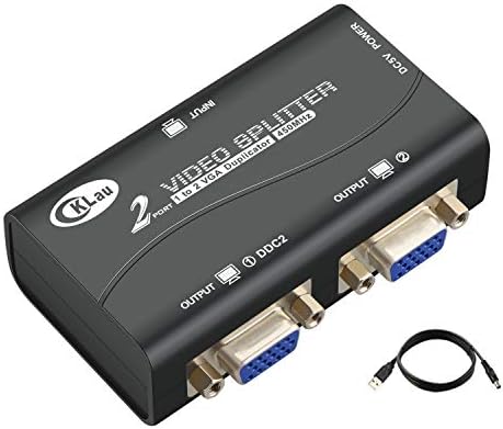 CKLau 450MHz Bandwidth 2 Port VGA Splitter Amplifier Box 1 PC to 2 Monitors SVGA Video Splitter Support 2048 x 1536 Resolution up to 164ft for Screen Duplication