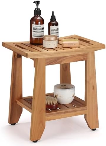 Teak Shower Bench Stool, 14'' Compact Waterproof Wood Spa Bath Bench with Storage Shelf & Handle, Non-Slip Solid Teak Shower Seat Chair for Small Bathrooms Inside Shower and Outdoor Use