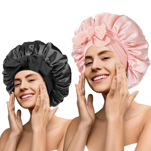 2Pc Bonnet Satin Silk Hair Bonnet With Tie Band for Sleeping Large Bonnets Hair Wrap with Adjustable Straps Hair Shower Cap Sleep Caps for Women Curly Braid Hair(pink+black)