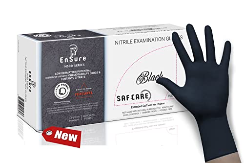 Ensure Low Derma Gray Black Nitrile Exam Medical Disposable Gloves, Chemo Rated, Powder Free, Latex Free, Non Sterile, 5 Mil, Dental, Food Safe, Textured FingerTips, Extended Cuff