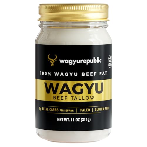 Wagyu Republic Beef Tallow ⎸11oz Glass Jar, Grass Fed Wagyu Beef Tallow, Great for Cooking Steak or as Tallow Balm ⎸ Keto, Gluten Free Protein Snacks for Adults, Perfect for Whole 30 or Carnivore Diet