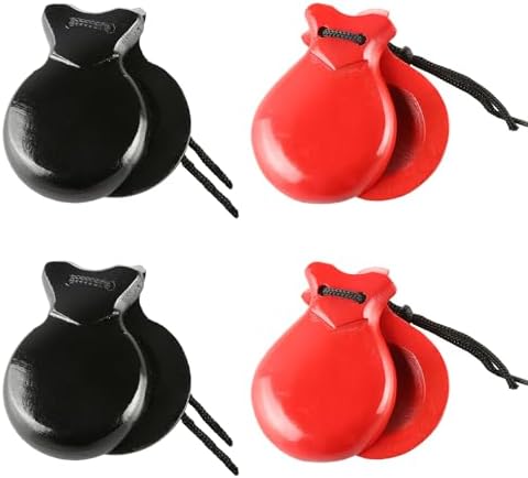 2 Pairs Spanish Castanets with String, Traditional Spanish Flamenco Castanets for Adults, Wooden Musical Percussion Instruments for Beginners(RED+BLACK)