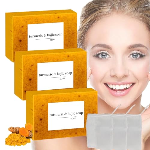 3PCS Lemon Turmeric Kojic Soap with 3 Bubble Nets Honey Glow Lemon Turmeric Soap Turmeric And Kojic Soap Honey Glow Turmeric Soap Bar Lemon Kojic Soap for All Skin Face Body