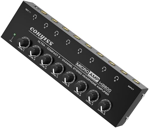 8-Channel Headphone Amplifier with 9 Adapters - Portable Ultra-Low Noise Multi-Port Stereo Headphone Distributor (8 Output/1 Input) for Recording Studios, Streaming, Band, Sound Mixer