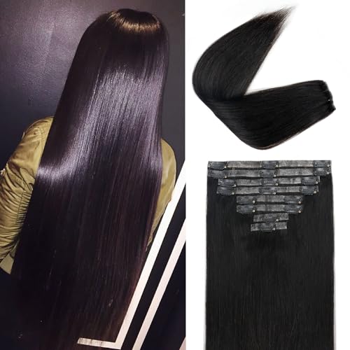 Injected Clip in Hair Extensions Real Human Hair Invisible Hand-Tied Weft Hair Extensions Clip in Human Hair Straight Seamless Clip ins for Women 8Pcs 120g 22inch #1B Natural Black
