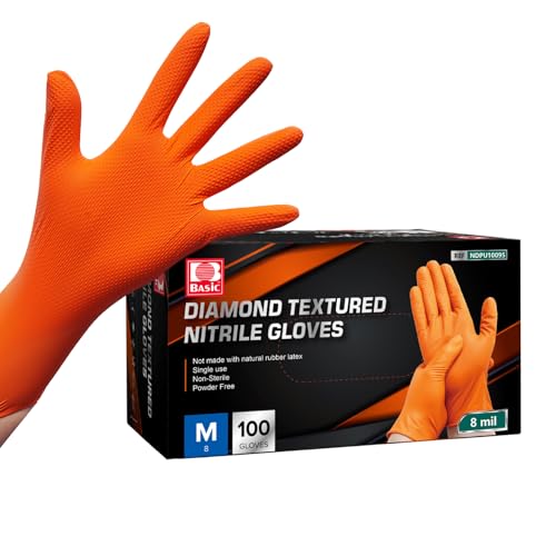 Jointown Basic Heavy Duty Nitrile Gloves Mechanic Gloves, Orange 8 Mil Nitrile Disposable Gloves Medium with Raised Diamond Texture, Latex Free, Powder Free Industrial Automotive Gloves Box of 100