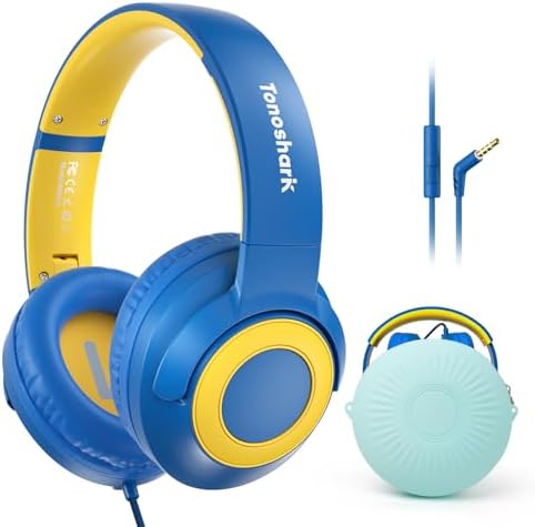 Kids Wired Headphones with Microphone, Volume Limited to 85/94dB Earphone for Boys & Girls, Foldable 3.5mm Jack Headset for School & Travel, Includes Portable Case