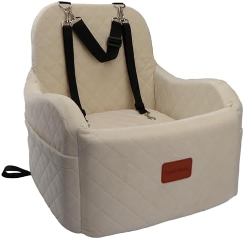 Dog Booster Car Seat, Comfy Pet Booster Car Seat Covering Ultra Soft Fabric and Filling Memory Foam,Safety Car Seat for Dogs with 3 Straps and Safety Belt Channel,Washable(Beige, Medium)