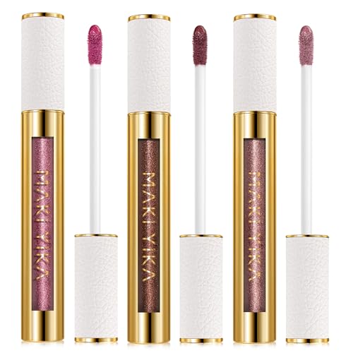 MAKI YIKA 3Pc Metallic Lipstick Long Lasting Pink Brown Nude Glitter Lipsticks High Shine Lipstick No Smudge No Transfer Liquid Lip Gloss (Pink/Nude/Brown)
