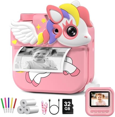 HangRui Kids Camera Instant Print, 2.4 Inch IPS Screen 12MP 1080P Digital Camera for Kids, Birthday Gifts for 3-12 Year Old Girls, Toddler Camera with 32GB Card