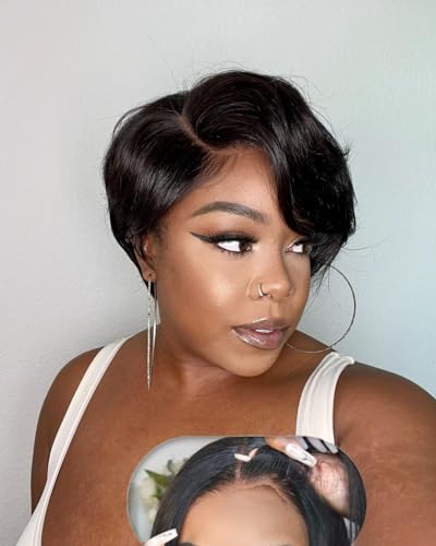 Short Human Hair Wigs for Black Women Pixie Cut Wig Human Hair HD Lace 5X5 Wear and Go Glueless Wigs Human Hair Pre Plucked Pre Cut for Women (Natural Color-new)