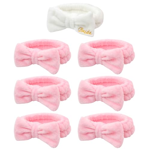 Semato Bachelorette Party Favor Set Bride Spa Headband 1 Pack Bride White Headband and 6 Pcs Bridesmaid Pink Headband Skincare Headbands for Women Cute Bow Head Bands Party Supplies