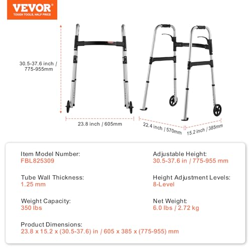 VEVOR Folding Walker, 2-Button Folding Walkers with 5" Solid Wheels and Adjustable Height, Lightweight Aluminum Mobility Walker, Front Wheeled Rolling Walkers for Seniors and Adults, Up to 350 Pounds