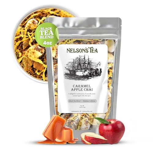 Nelson's Tea Caramel Apple Chai Tea Loose Leaf - Cut & Sifted Red Rooibos Loose Leaf Tea, Black Tea with Cinnamon Chips, Peppercorn, Ginger Root, Cardamom, Clove, Orange Peel and All Spice (4 oz)