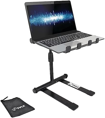 Pyle Portable Folding Laptop Stand - Standing Table with Adjustable Angle, Foldable Height and Four Prong Anti-Slip Tray for iPad, Tablet, DJ Mixer, Workstation, Gaming and Home Use - PLPTS55